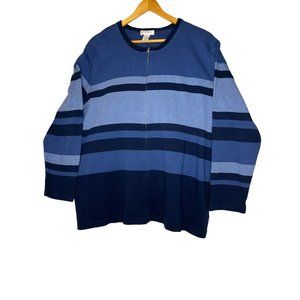 Jones, New York sport 2X knit cardigan, zip front blue stripes round neck long s